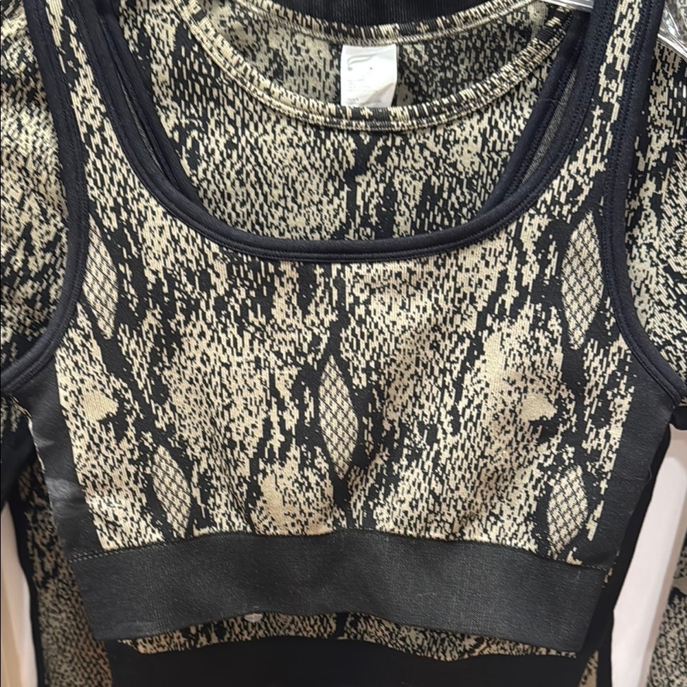 Fabletics 3 pc workout set Black Snake Print leggings, crop tank and LS top
